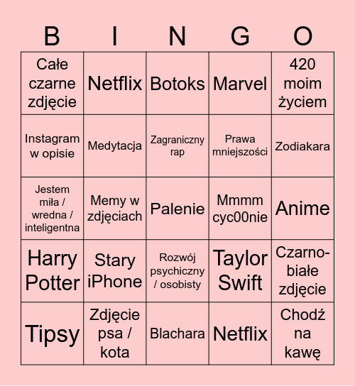 TINDEROWE Bingo Card