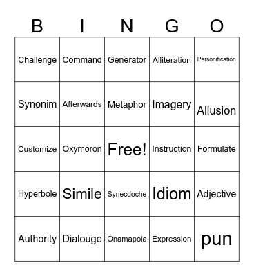 6th Grade Language Arts Vocab Bingo Card