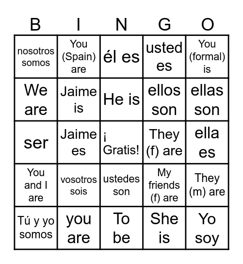 El verbo ser en el presente Bingo Card