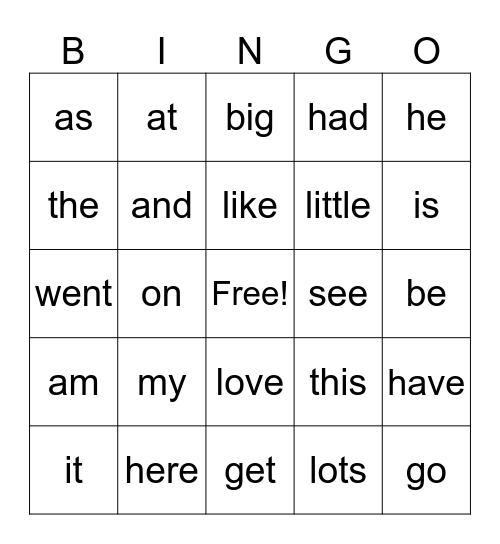 Sight Word Bingo Card