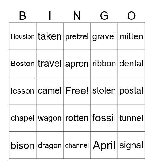 Schwa vowel L and vowel N Bingo Card