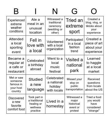 Study Abroad Returnee Bingo Card