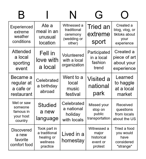 Study Abroad Returnee Bingo Card