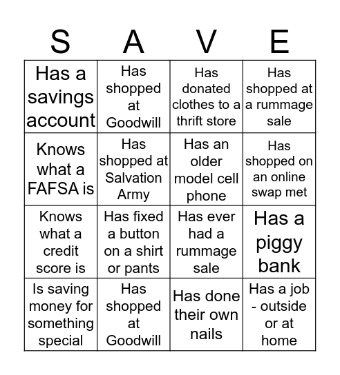 Thrifty Bingo Card