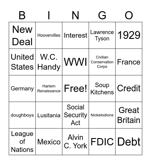 WW! & Roaring  20's Bingo Card