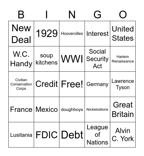 WW! & Roaring  20's Bingo Card