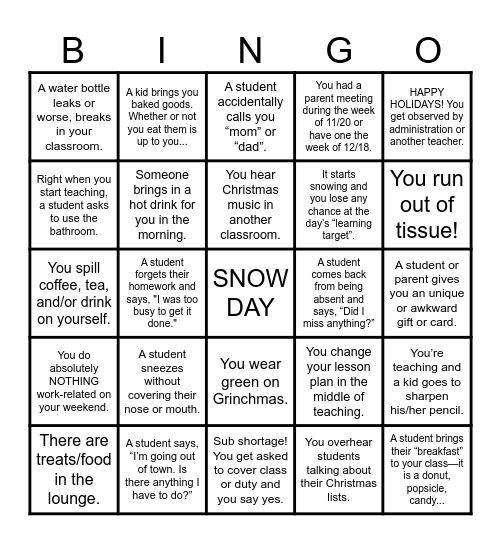 Teacher Holiday Bingo Board Bingo Card