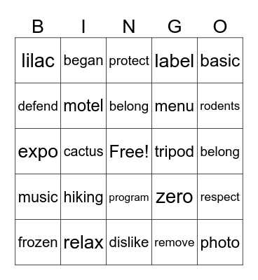 2-Syllable Bingo Card