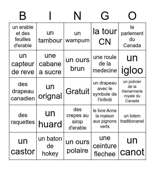Les Symboles Canadiens Bingo Card