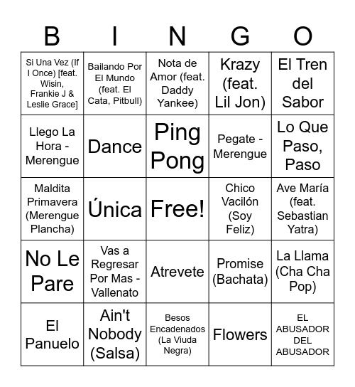 Zumba Roulette Bingo Card