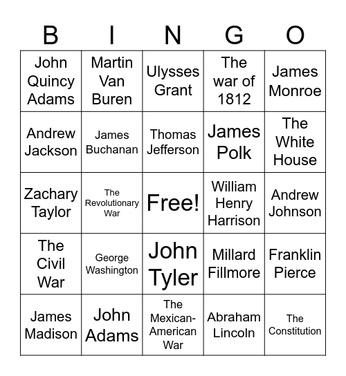 Presidents 1-18 Bingo Card