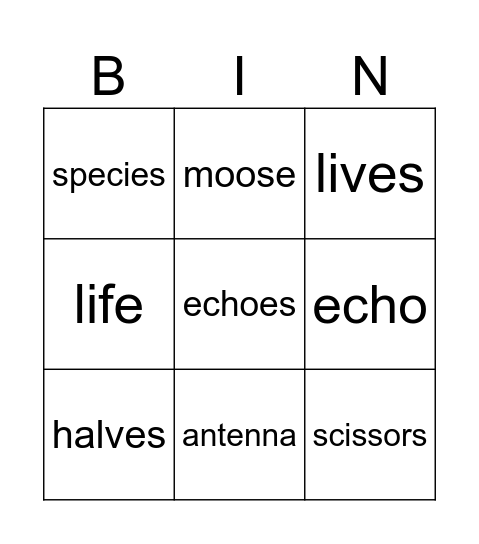 4th spelling Bingo Card