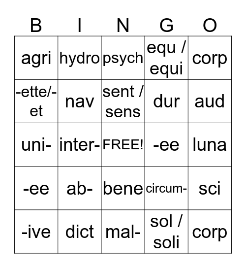 Roots, Prefixes and Suffixes Bingo Card