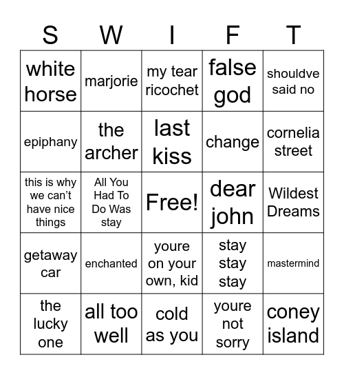 Bingo (Taylor's Version) - Round 2 Bingo Card