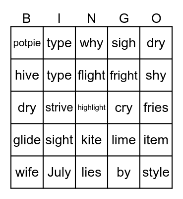 Long I Bingo Card