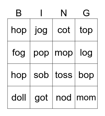 CVC (short o) Bingo Card