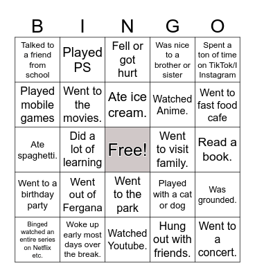 Back From Fall Break! Bingo Card