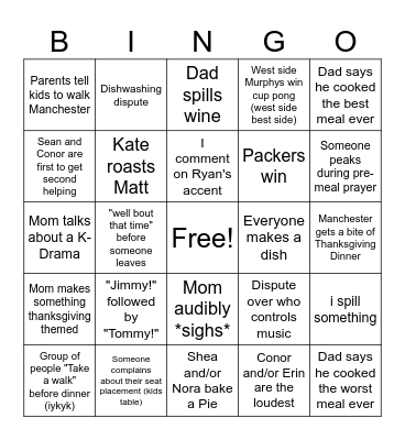 Murphy Thanksgiving (Conor) Bingo Card