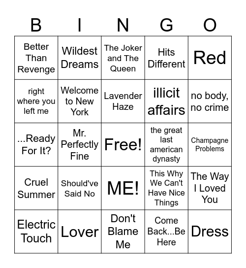 Taylor Swift Song Round 1 (Taylor's Version) Bingo Card