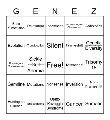 DNA Mutations Bingo Card