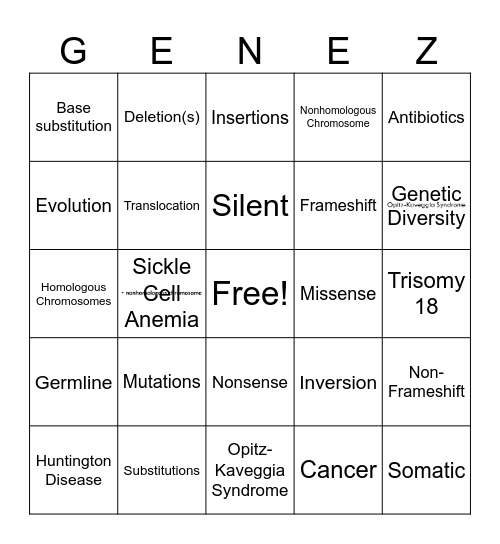 DNA Mutations Bingo Card
