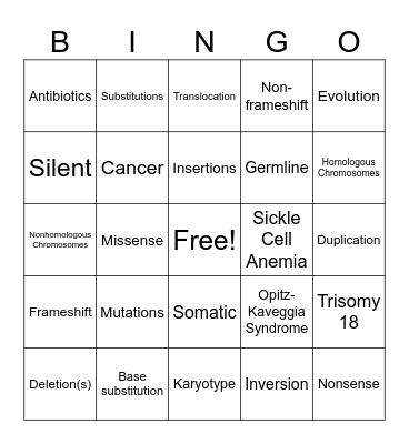 DNA Mutations Bingo Card