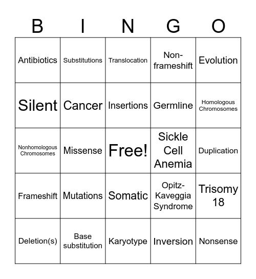 DNA Mutations Bingo Card