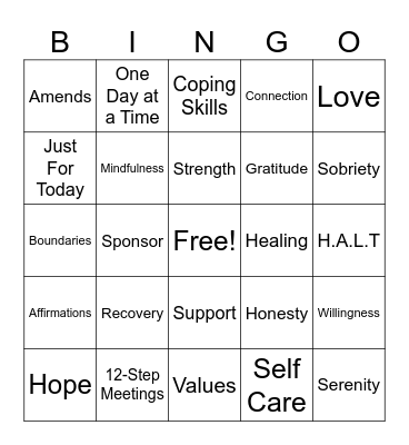 Recovery Bingo Card