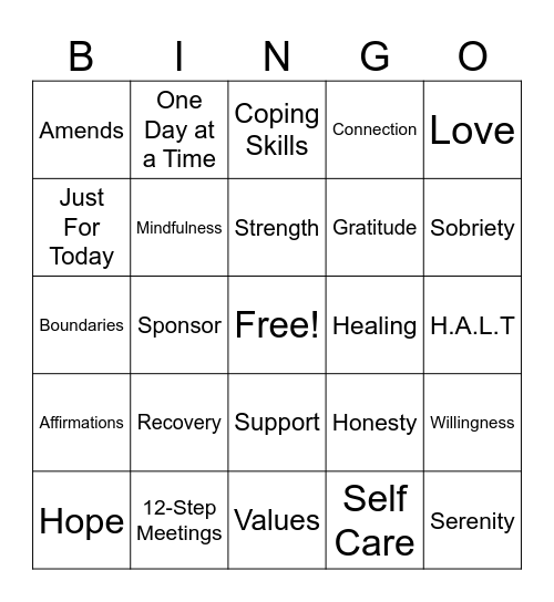 Recovery Bingo Card