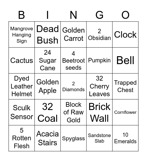 Minecraft Item Hunt Bingo Card