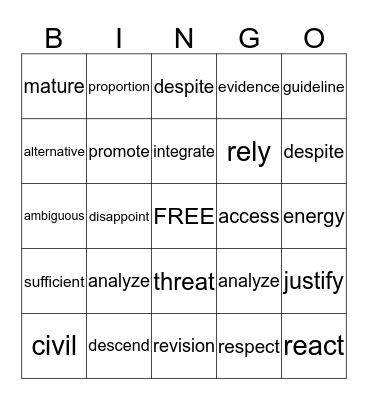 Vocabulary  Bingo Card