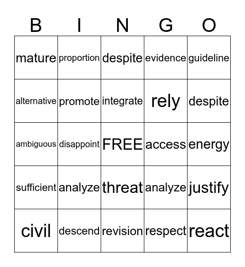 Vocabulary  Bingo Card