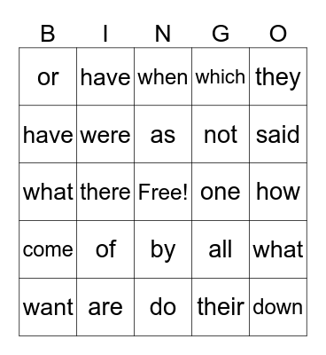 Heart Words Bingo Card