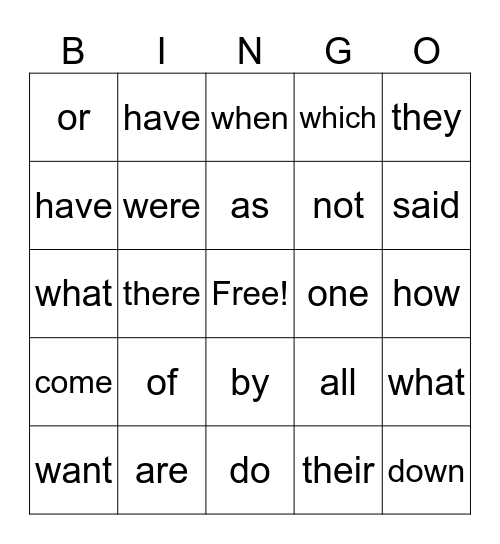 Heart Words Bingo Card