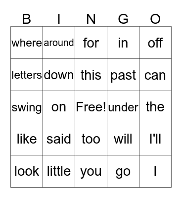 Sight Word Bingo Card