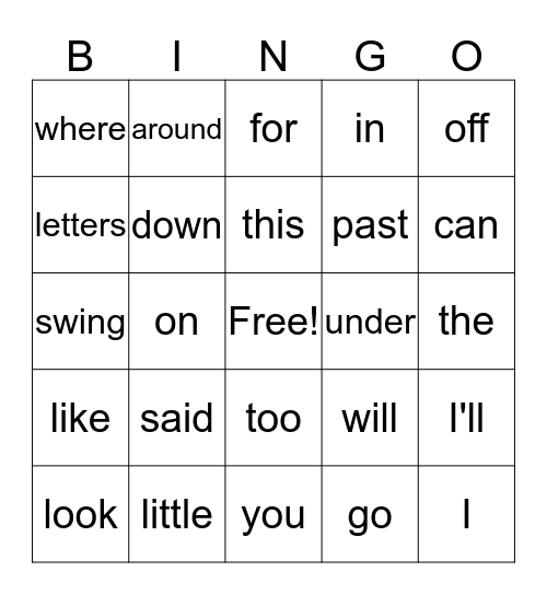 Sight Word Bingo Card