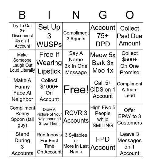 Friday Funday Bingo Card