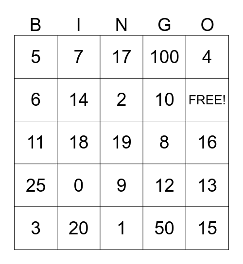 Kindergarten Math Bingo Card