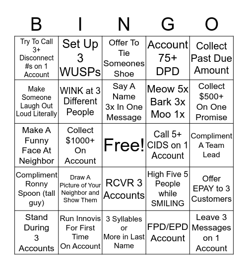 Friday Funday Bingo Card