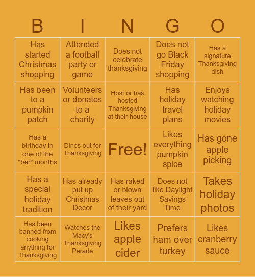 Get To Know Me Bingo: Fall Edition Bingo Card