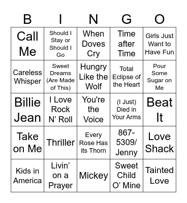 80s Music Bingo Card