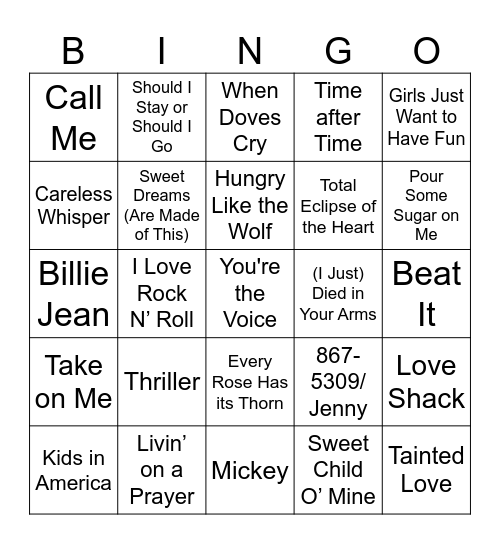 80s Music Bingo Card