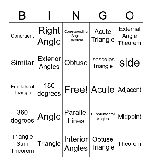 Triangle Angle Bingo Card