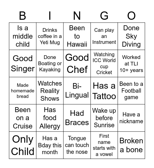 Know your friends Bingo Card