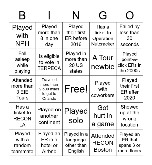 Escape Room Achievement Bingo Card