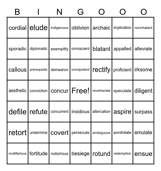 Vocabulary to Know Bingo Card