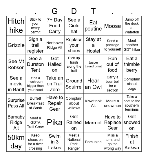 Great Divide Bingo - jupiterhikes.com Bingo Card