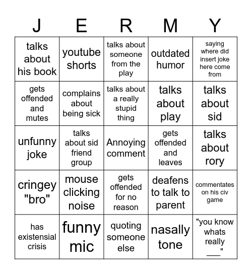 Jeremy Bingo Card