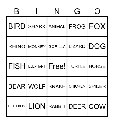 ANIMAL BINGO Card