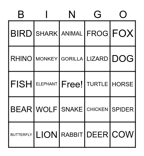 ANIMAL BINGO Card